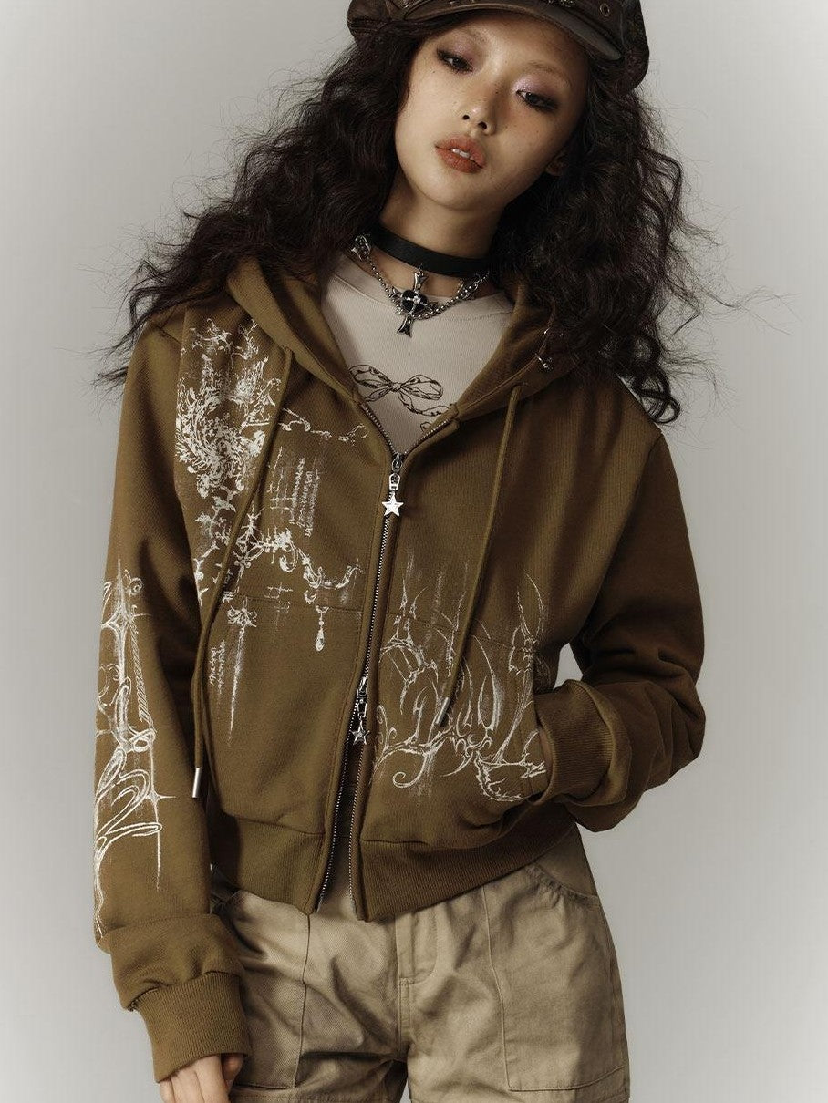 YUKAHOUSE Cropped American Vintage Printed Hooded Women's Cotton Zip-up Hoodies