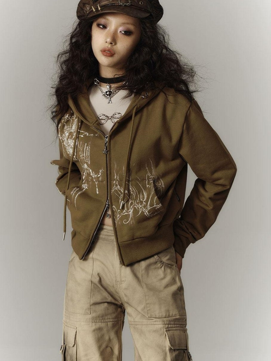 YUKAHOUSE Cropped American Vintage Printed Hooded Women's Cotton Zip-up Hoodies