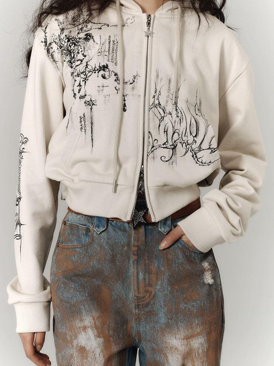 YUKAHOUSE Cropped American Vintage Printed Hooded Women's Cotton Zip-up Hoodies