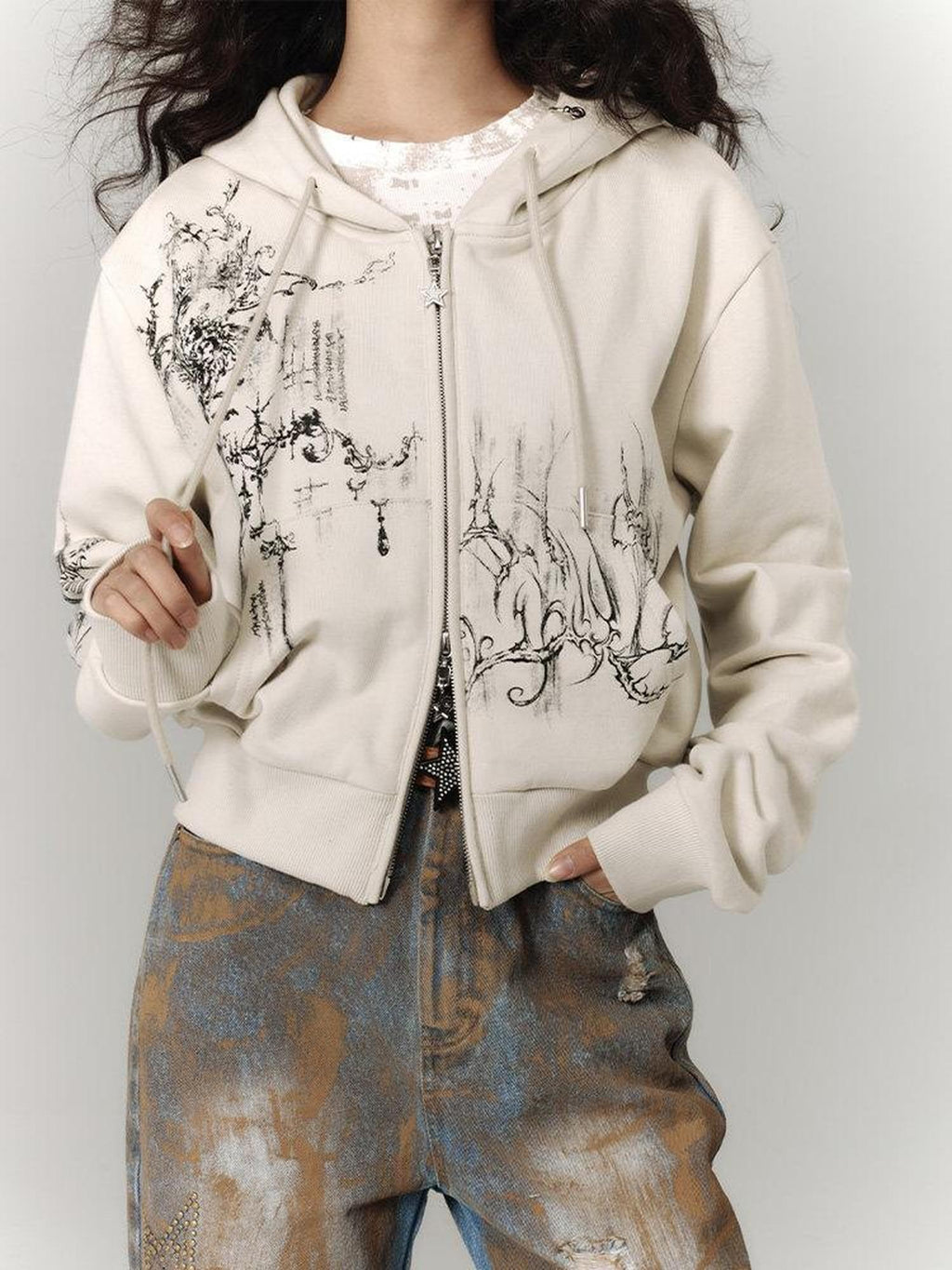 YUKAHOUSE Cropped American Vintage Printed Hooded Women's Cotton Zip-up Hoodies