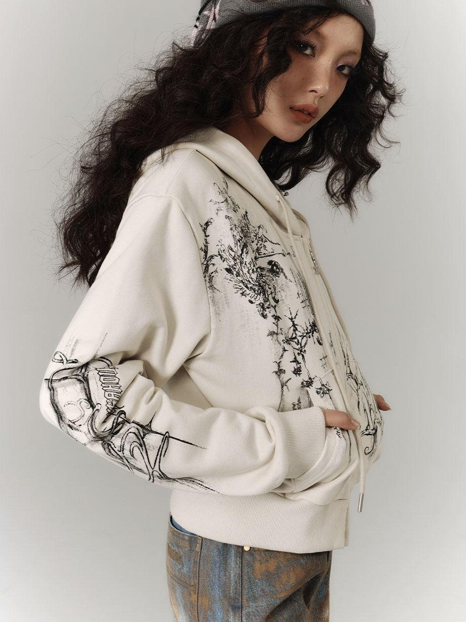 YUKAHOUSE Cropped American Vintage Printed Hooded Women's Cotton Zip-up Hoodies