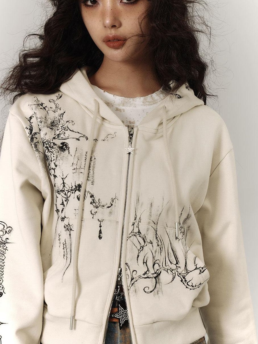 YUKAHOUSE Cropped American Vintage Printed Hooded Women's Cotton Zip-up Hoodies