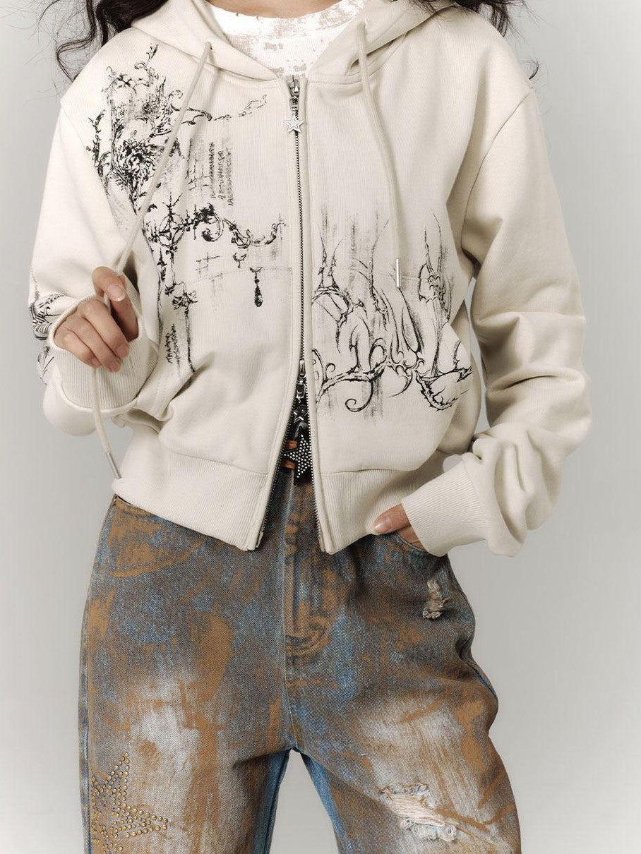 YUKAHOUSE Cropped American Vintage Printed Hooded Women's Cotton Zip-up Hoodies