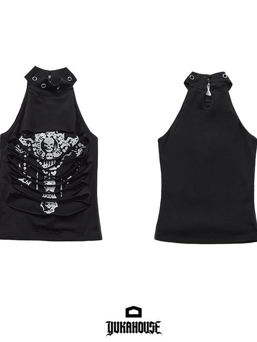YUKAHOUSE Cropped Punk Skull Print Stand Collar Women's Cotton Stretch Halter Tops