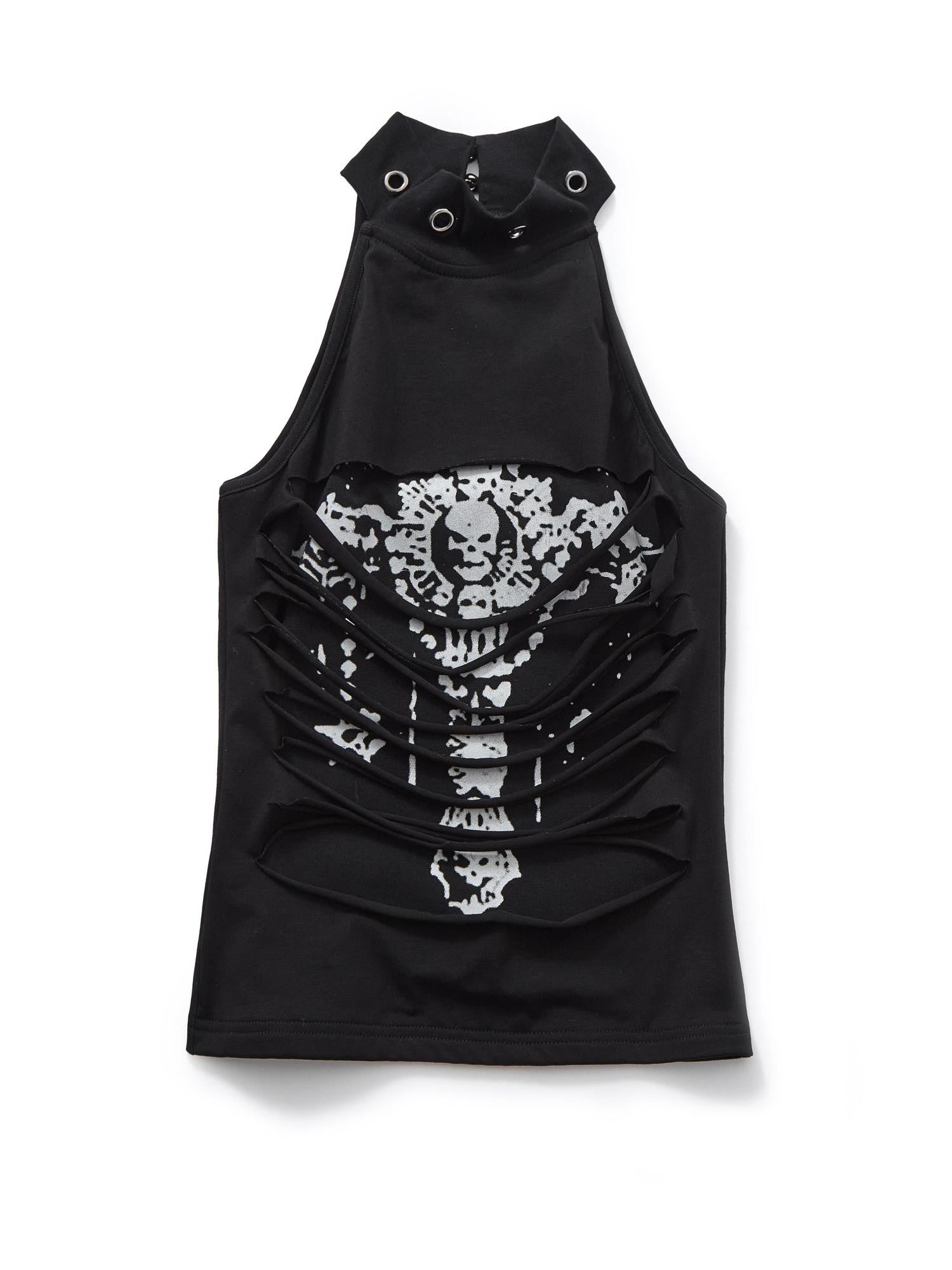 YUKAHOUSE Cropped Punk Skull Print Stand Collar Women's Cotton Stretch Halter Tops
