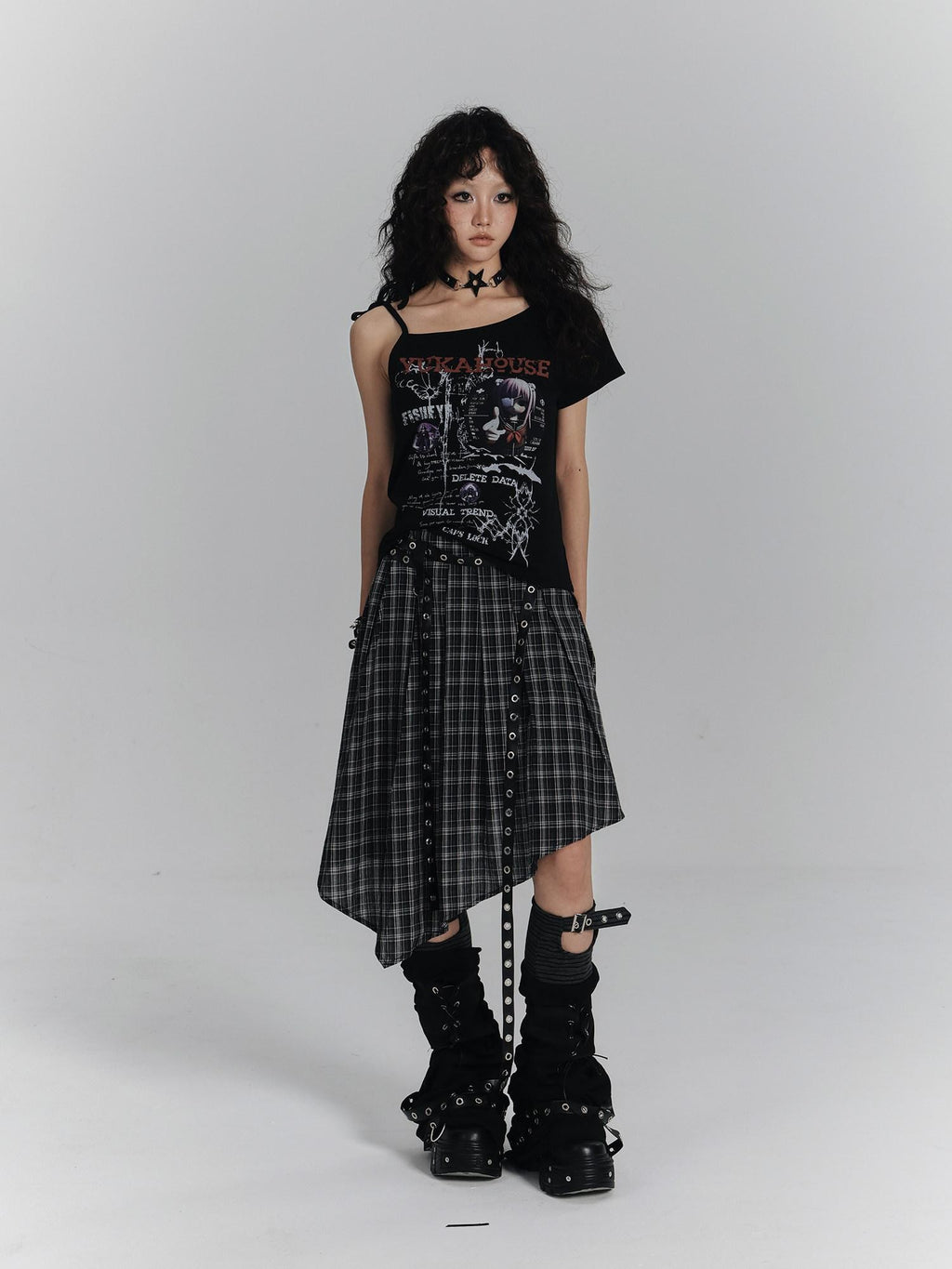 YUKAHOUSE Cropped Retro Punk Print Lace Up Women's Cotton Short Sleeve T-shirts