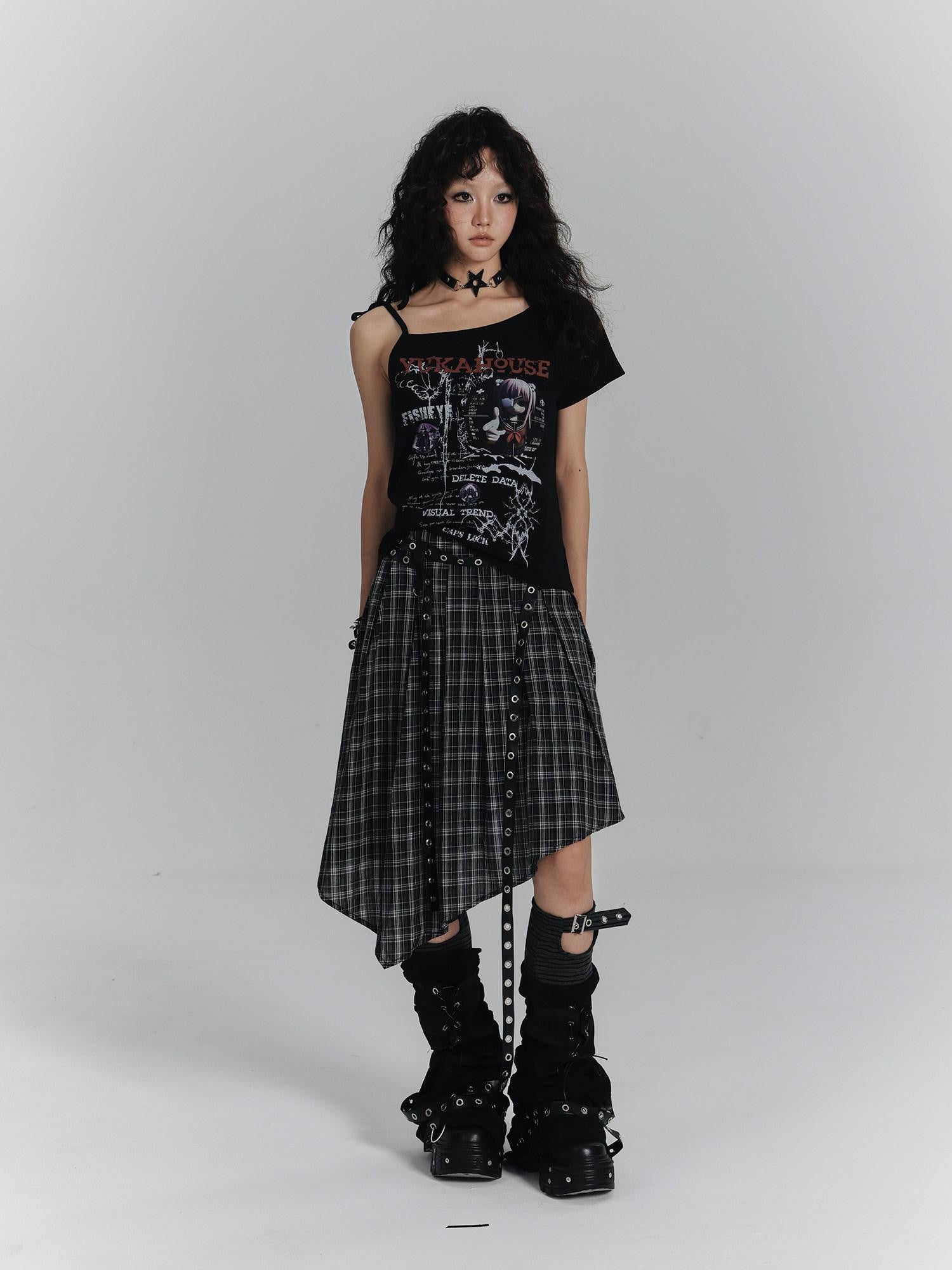 YUKAHOUSE Cropped Retro Punk Print Lace Up Women's Cotton Short Sleeve T-shirts