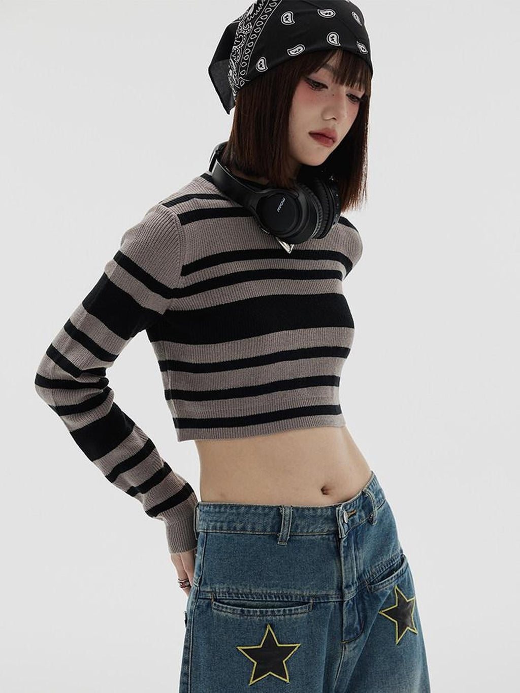 YUKAHOUSE Cropped Striped Slim Fit Knit Mock Neck Women's Acrylic Sweaters