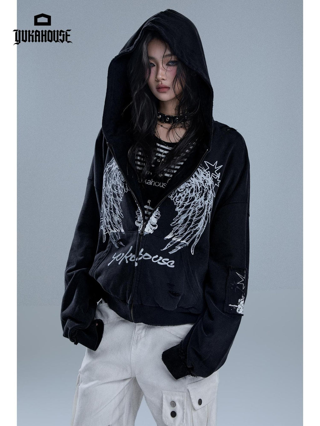 YUKAHOUSE Distressed Angel Wings Print Dark Women's Cotton Zip-up Hoodies
