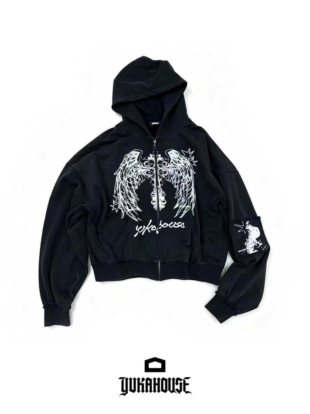 YUKAHOUSE Distressed Angel Wings Print Dark Women's Cotton Zip-up Hoodies