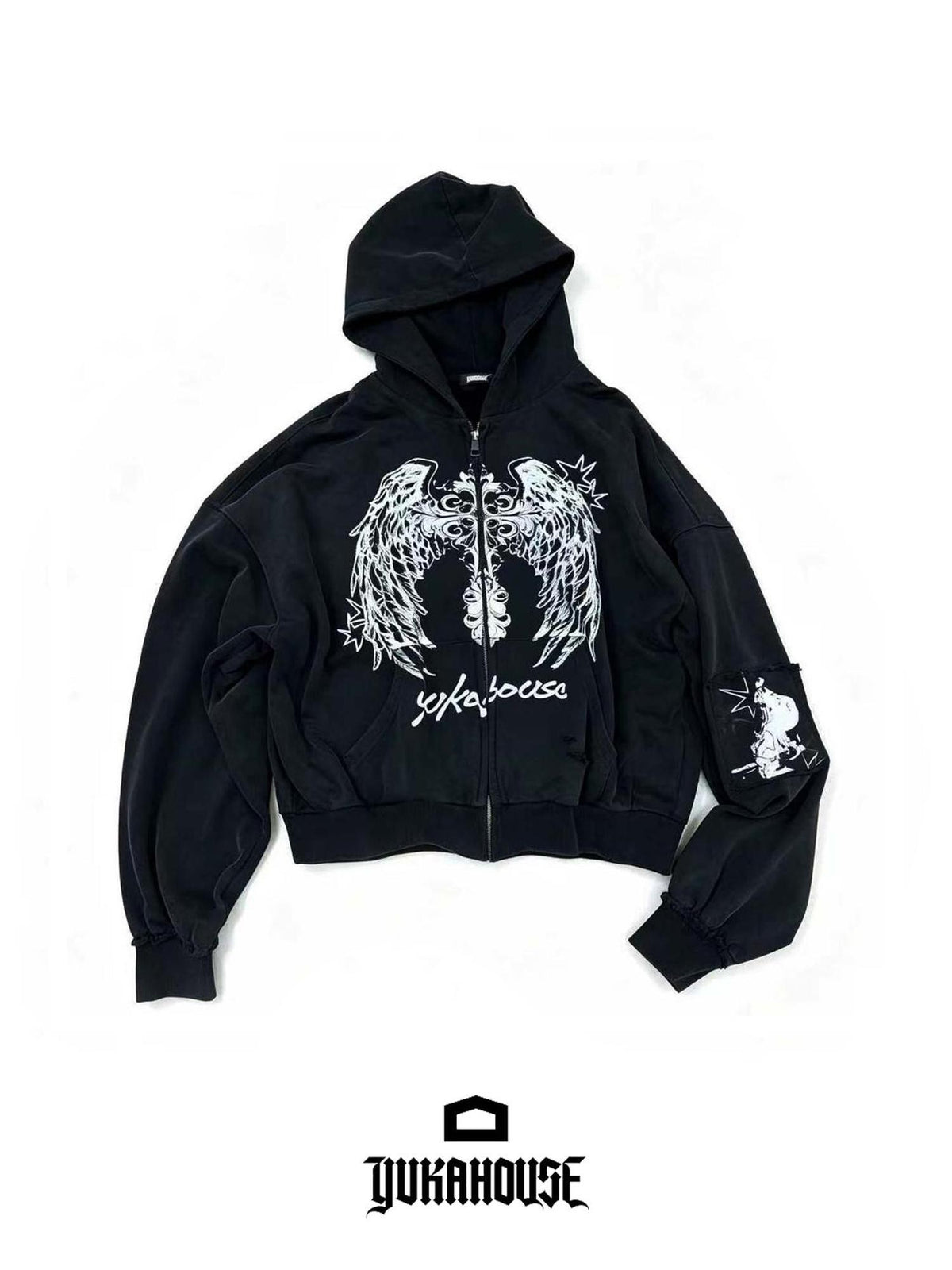 YUKAHOUSE Distressed Angel Wings Print Dark Women's Cotton Zip-up Hoodies