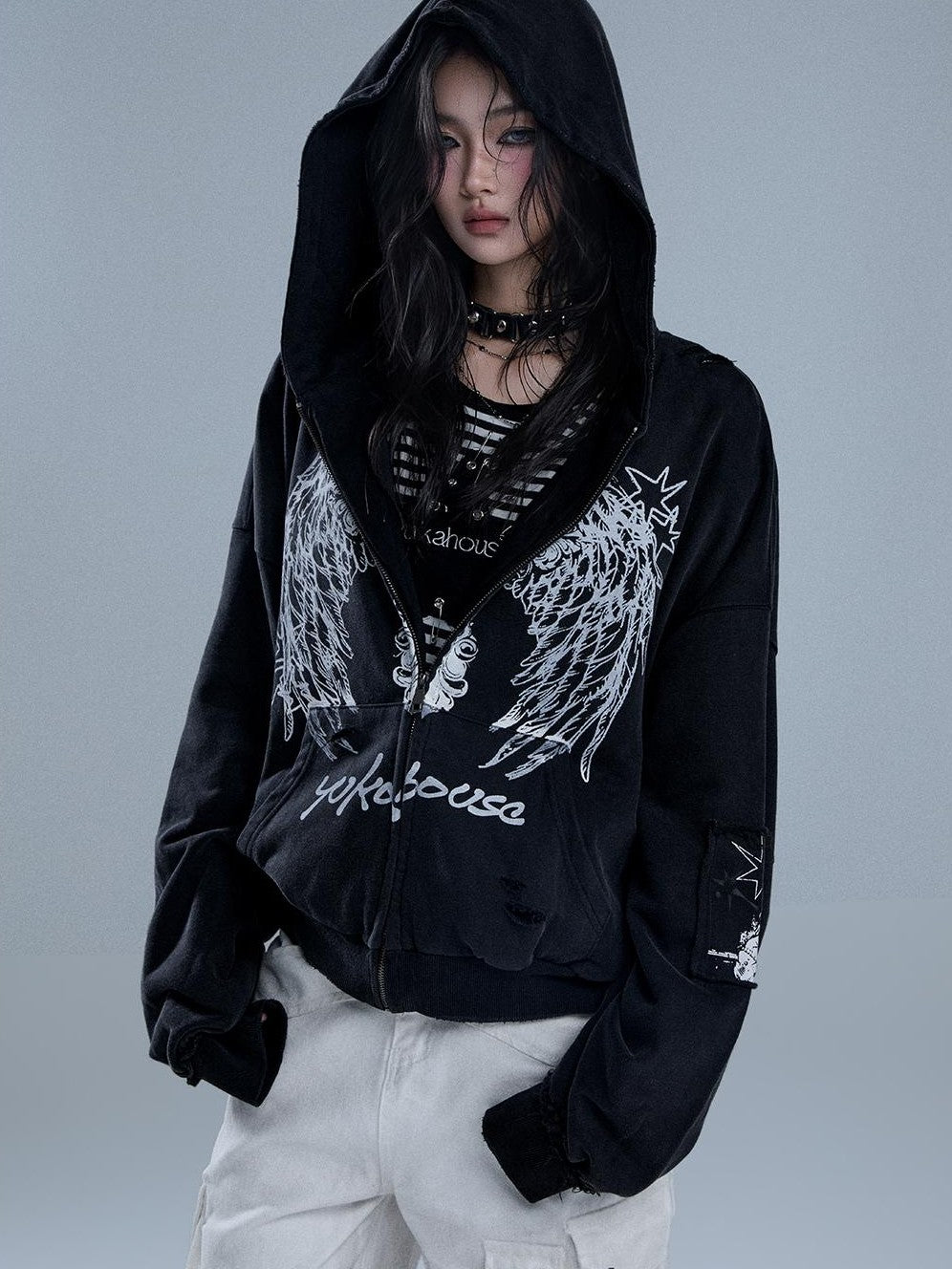 YUKAHOUSE Distressed Angel Wings Print Dark Women's Cotton Zip-up Hoodies
