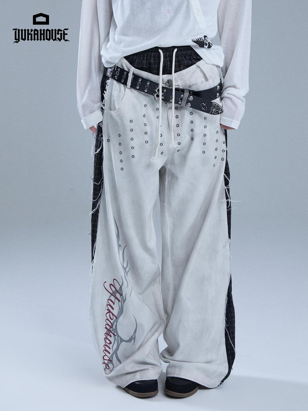YUKAHOUSE Distressed Faux Layered Raw Hem Letter Print Women's Cotton Straight-leg Pants