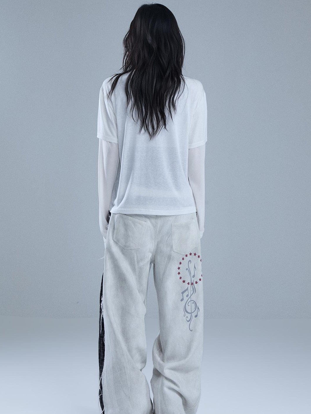 YUKAHOUSE Distressed Faux Layered Raw Hem Letter Print Women's Cotton Straight-leg Pants