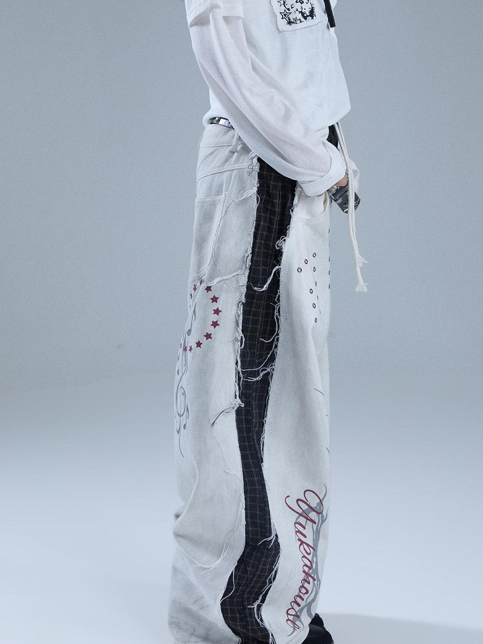 YUKAHOUSE Distressed Faux Layered Raw Hem Letter Print Women's Cotton Straight-leg Pants