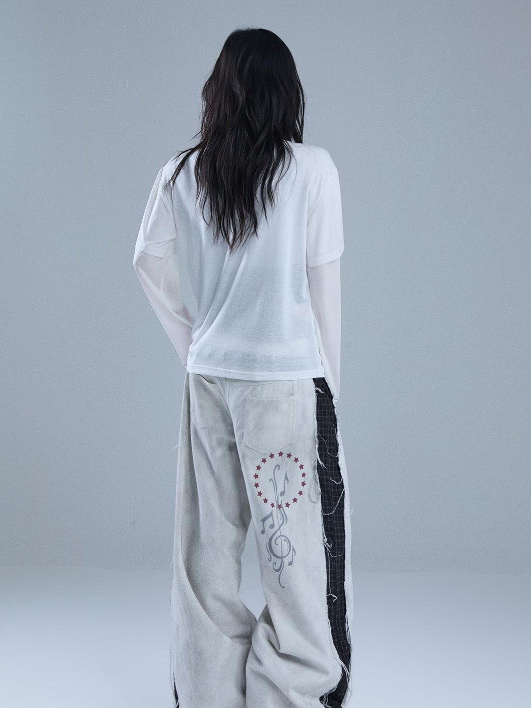 YUKAHOUSE Distressed Faux Layered Raw Hem Letter Print Women's Cotton Straight-leg Pants