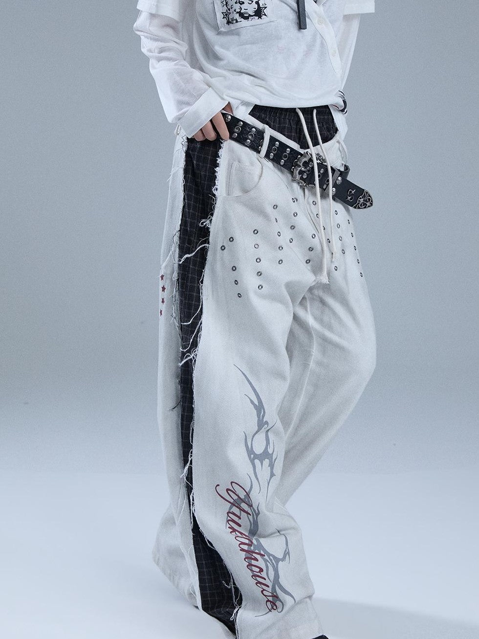 YUKAHOUSE Distressed Faux Layered Raw Hem Letter Print Women's Cotton Straight-leg Pants