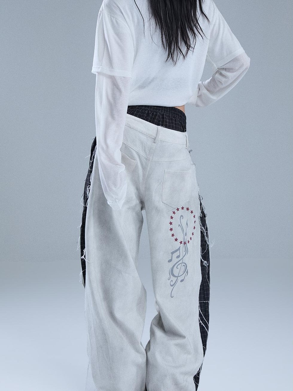 YUKAHOUSE Distressed Faux Layered Raw Hem Letter Print Women's Cotton Straight-leg Pants