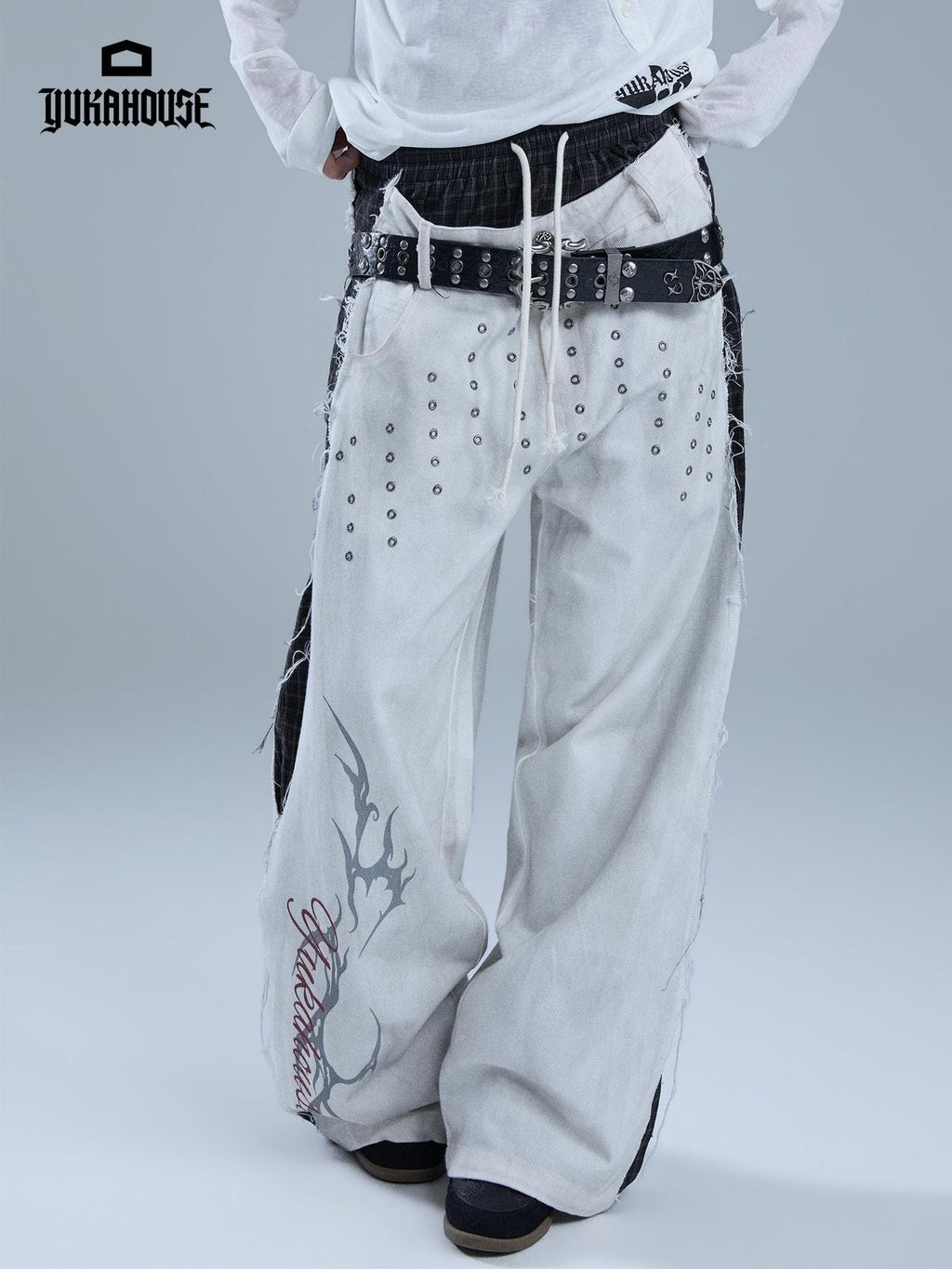 YUKAHOUSE Distressed Faux Layered Raw Hem Letter Print Women's Cotton Straight-leg Pants