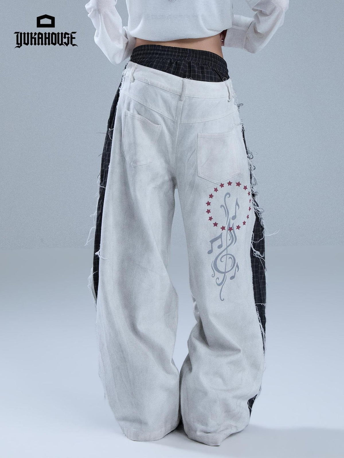 YUKAHOUSE Distressed Faux Layered Raw Hem Letter Print Women's Cotton Straight-leg Pants