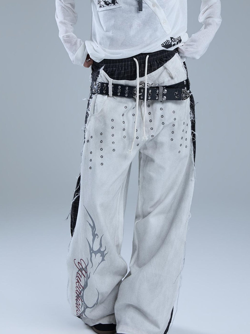 YUKAHOUSE Distressed Faux Layered Raw Hem Letter Print Women's Cotton Straight-leg Pants