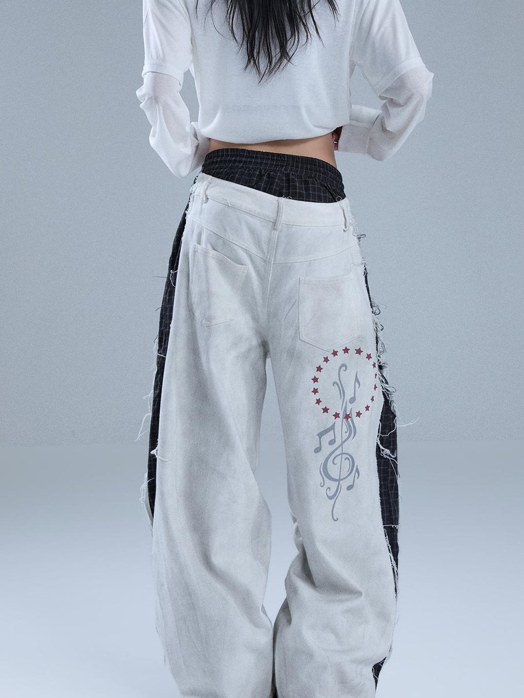 YUKAHOUSE Distressed Faux Layered Raw Hem Letter Print Women's Cotton Straight-leg Pants