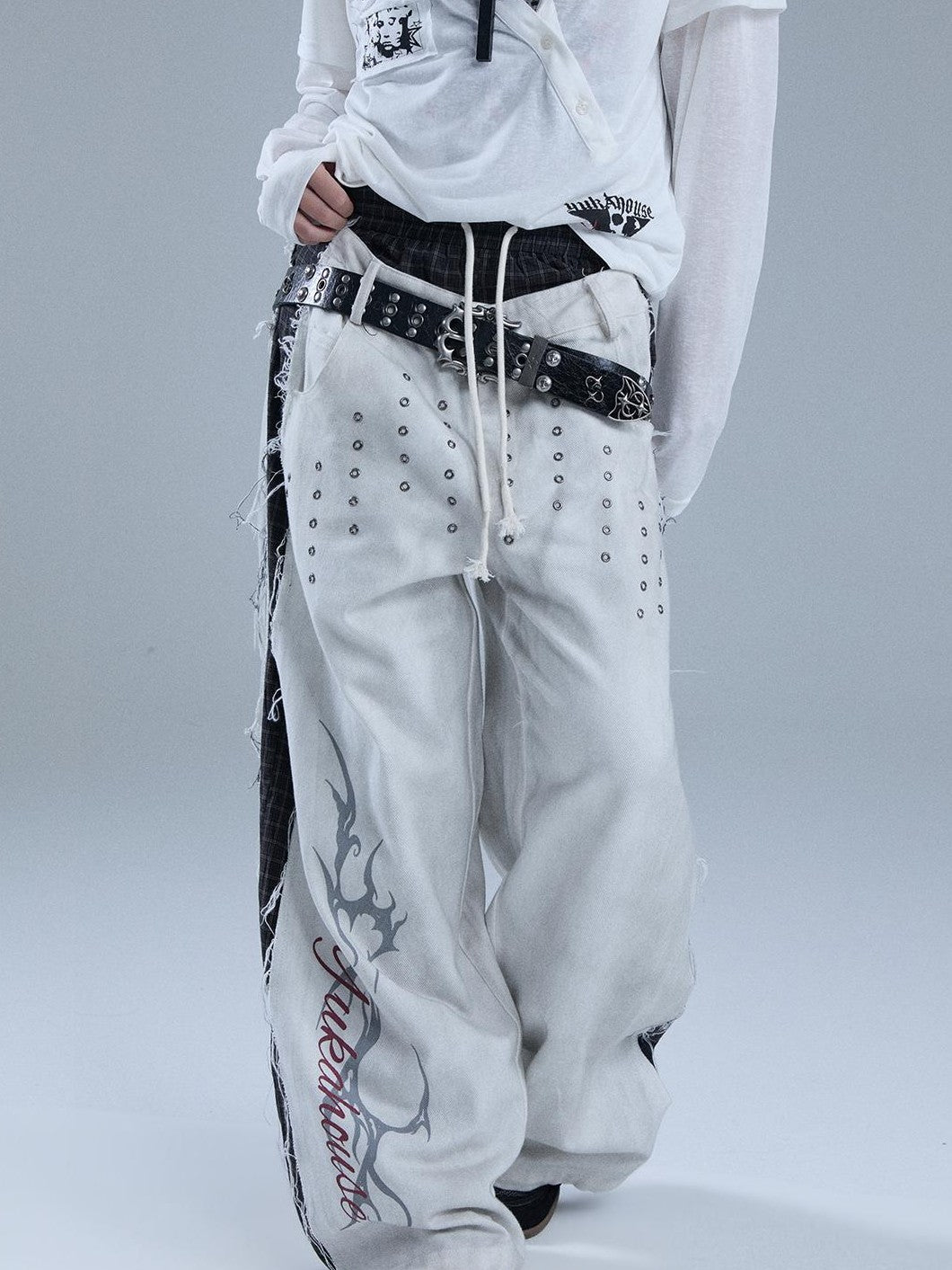 YUKAHOUSE Distressed Faux Layered Raw Hem Letter Print Women's Cotton Straight-leg Pants