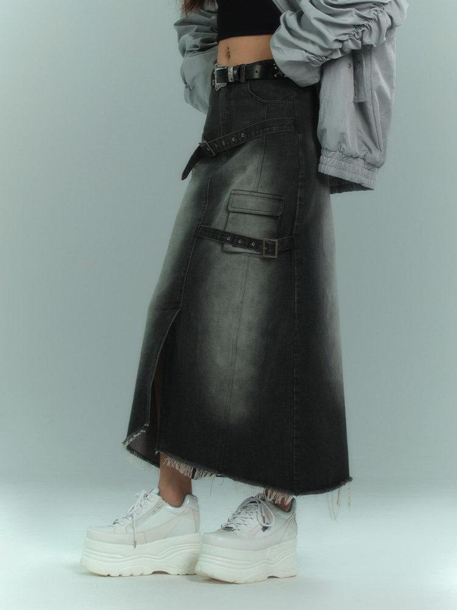 YUKAHOUSE Distressed Frayed Hem A Line High Waist Women's Cotton Denim Midi Skirts