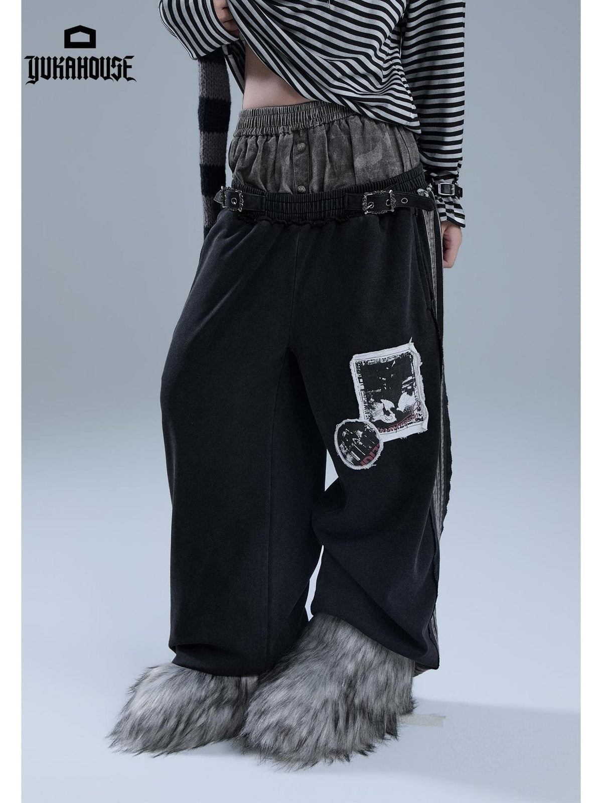 YUKAHOUSE Distressed Patch Striped Faux Layered Women's Cotton Sweatpants