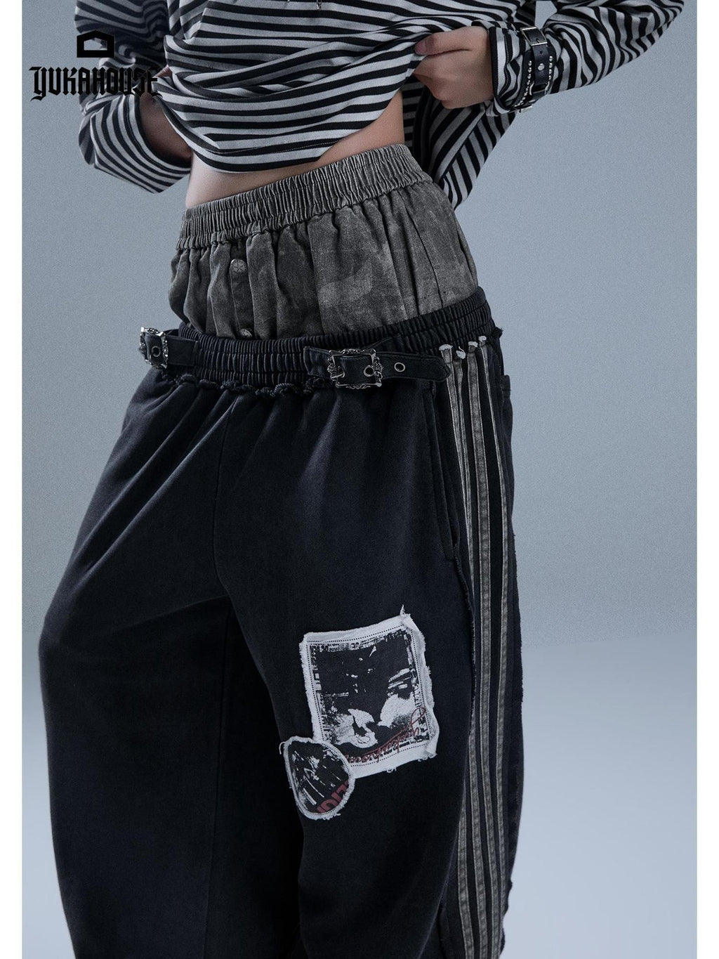 YUKAHOUSE Distressed Patch Striped Faux Layered Women's Cotton Sweatpants