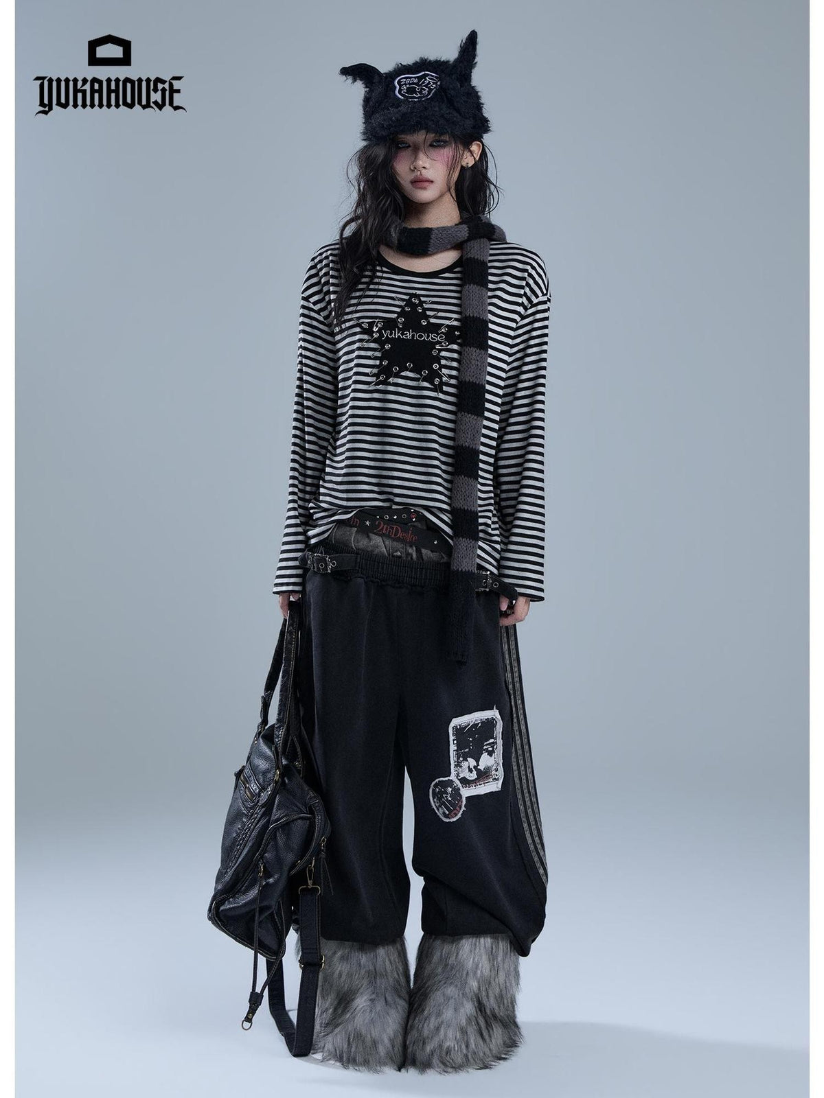 YUKAHOUSE Distressed Patch Striped Faux Layered Women's Cotton Sweatpants