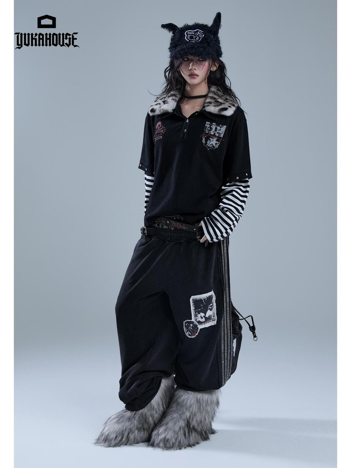 YUKAHOUSE Distressed Patch Striped Faux Layered Women's Cotton Sweatpants