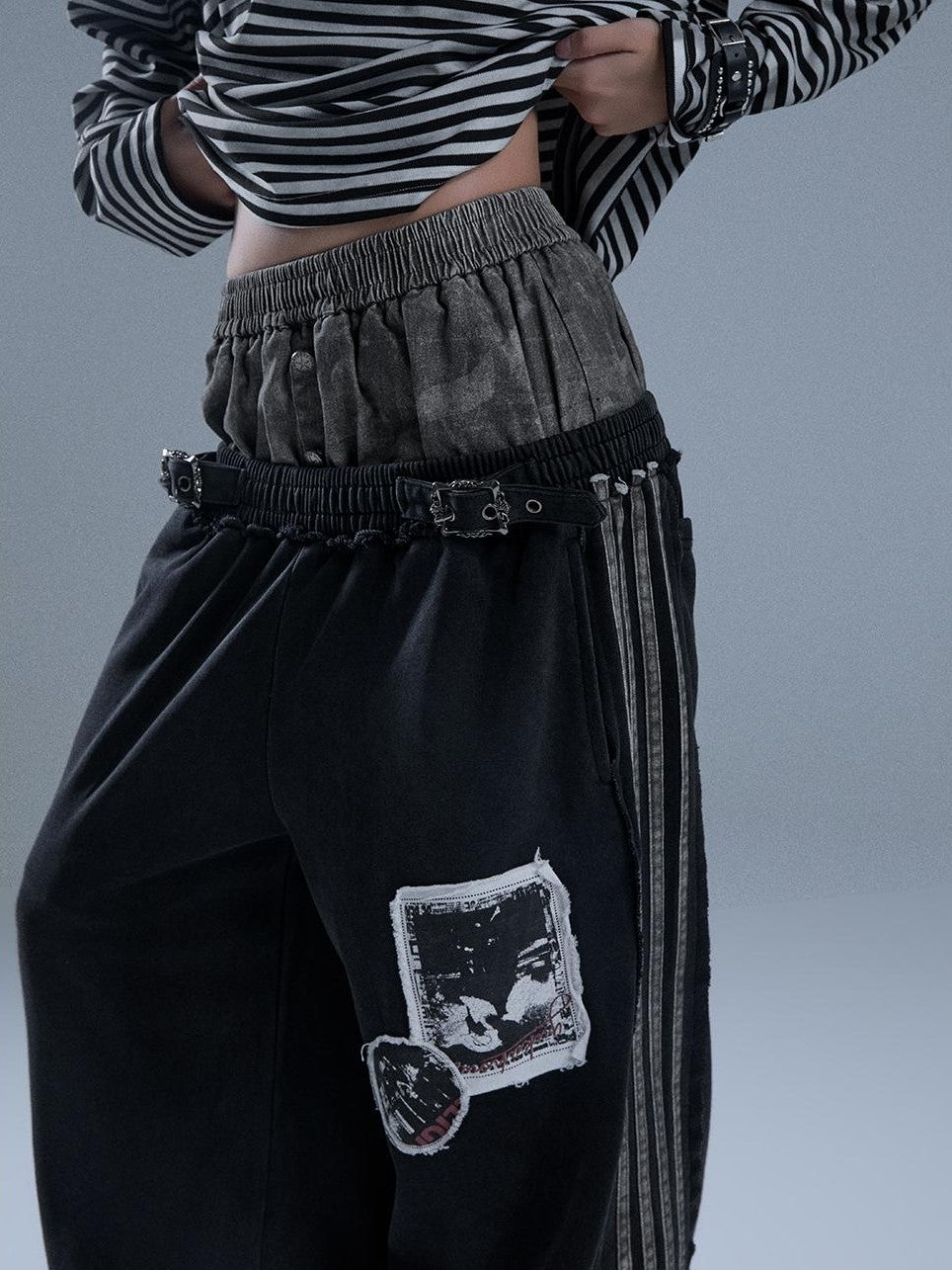 YUKAHOUSE Distressed Patch Striped Faux Layered Women's Cotton Sweatpants