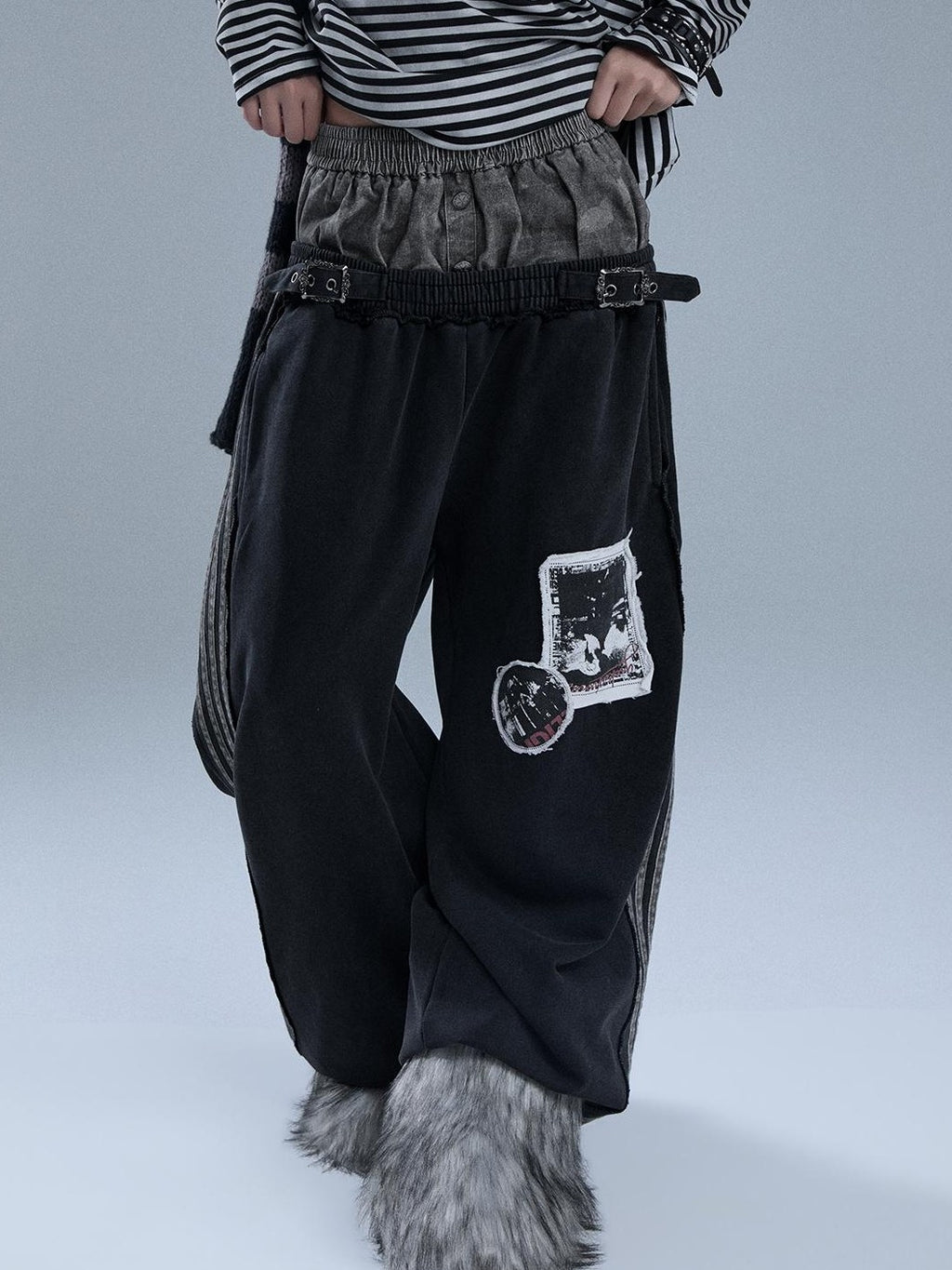 YUKAHOUSE Distressed Patch Striped Faux Layered Women's Cotton Sweatpants
