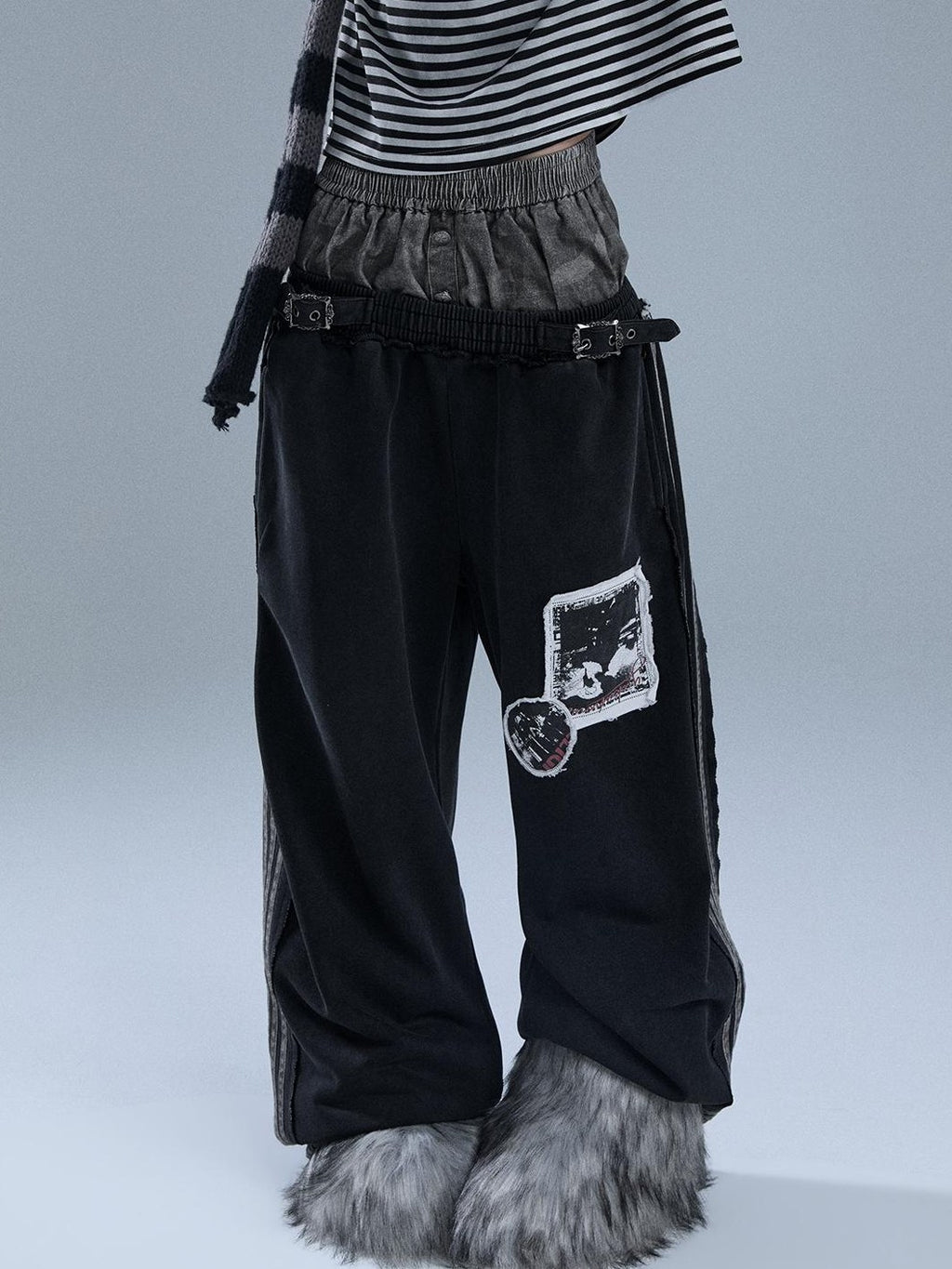 YUKAHOUSE Distressed Patch Striped Faux Layered Women's Cotton Sweatpants