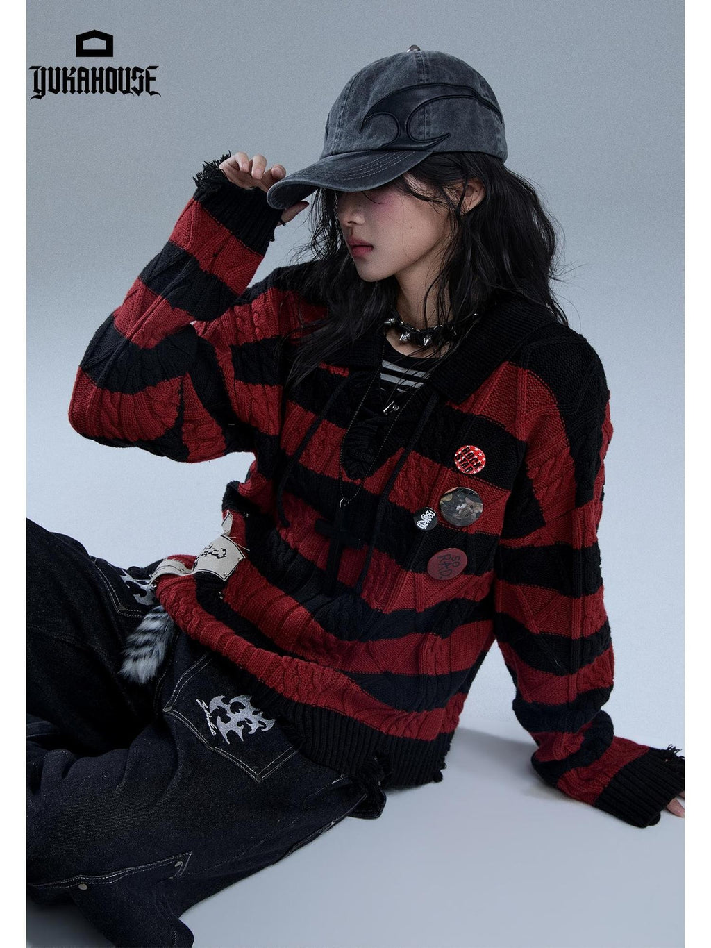 YUKAHOUSE Distressed Striped Drawstring V-neck Women's Cotton Knit Sweaters