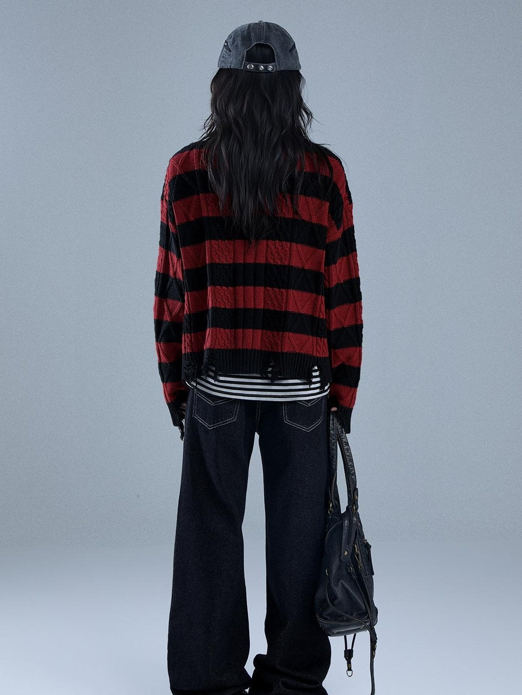 YUKAHOUSE Distressed Striped Drawstring V-neck Women's Cotton Knit Sweaters