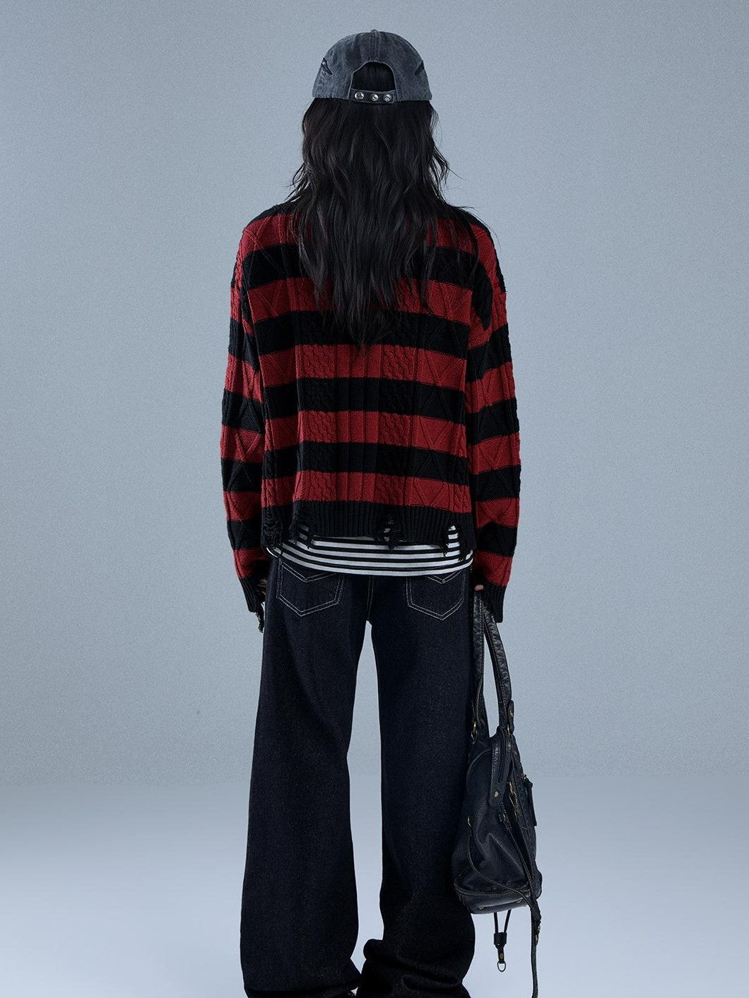 YUKAHOUSE Distressed Striped Drawstring V-neck Women's Cotton Knit Sweaters