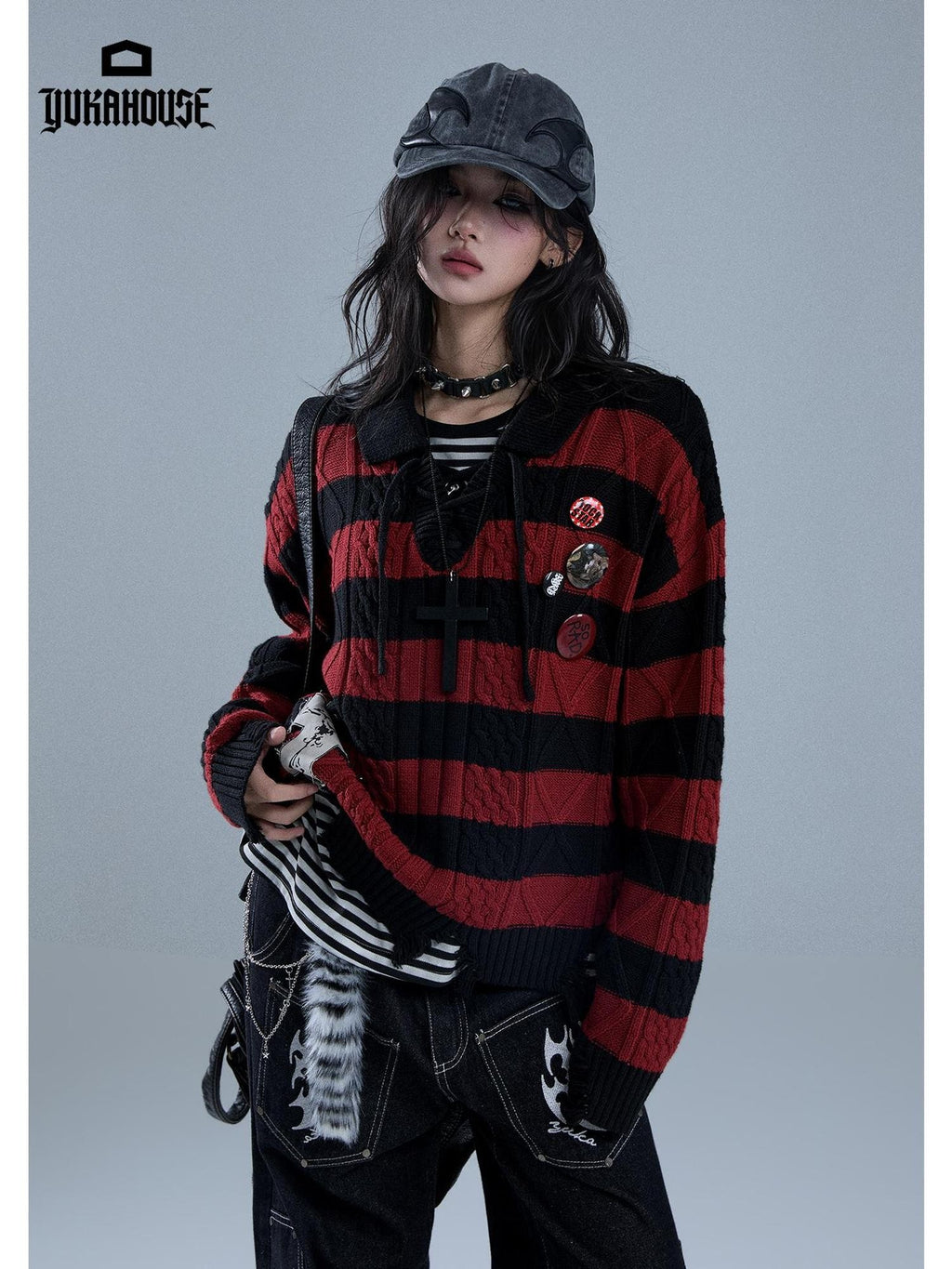 YUKAHOUSE Distressed Striped Drawstring V-neck Women's Cotton Knit Sweaters