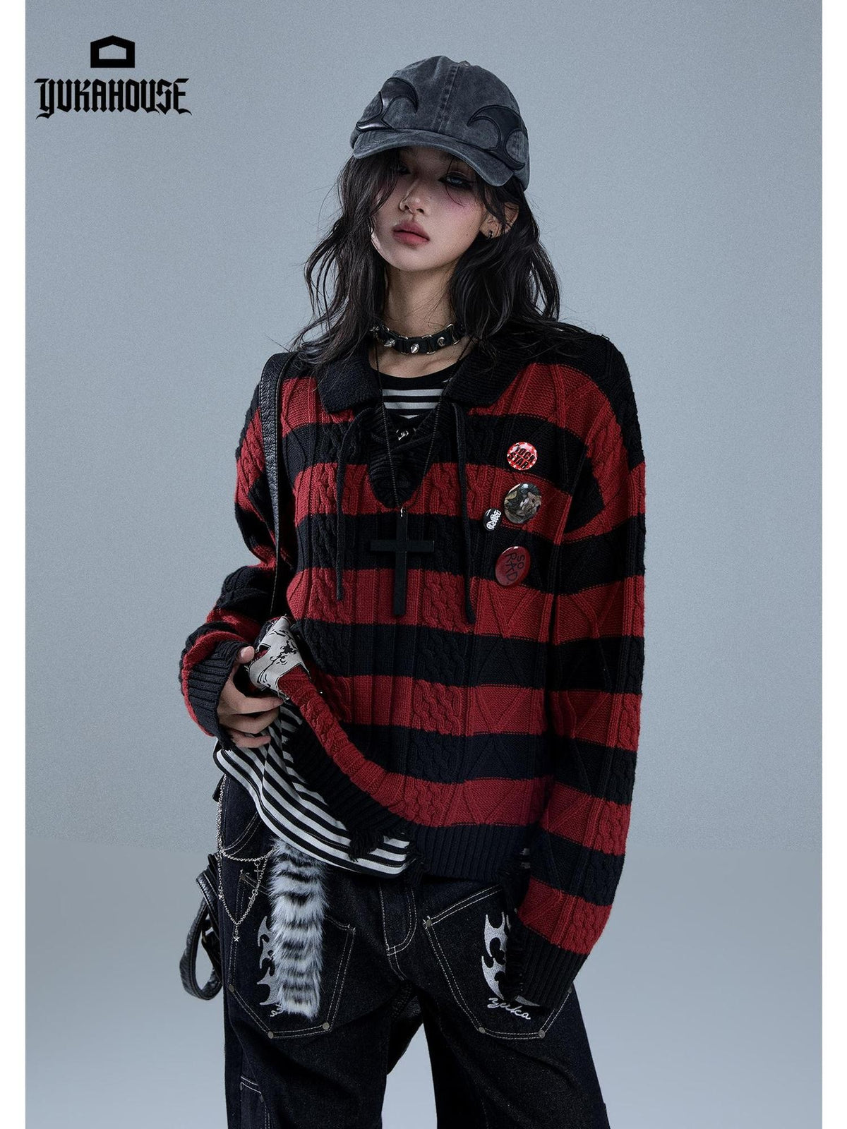 YUKAHOUSE Distressed Striped Drawstring V-neck Women's Cotton Knit Sweaters