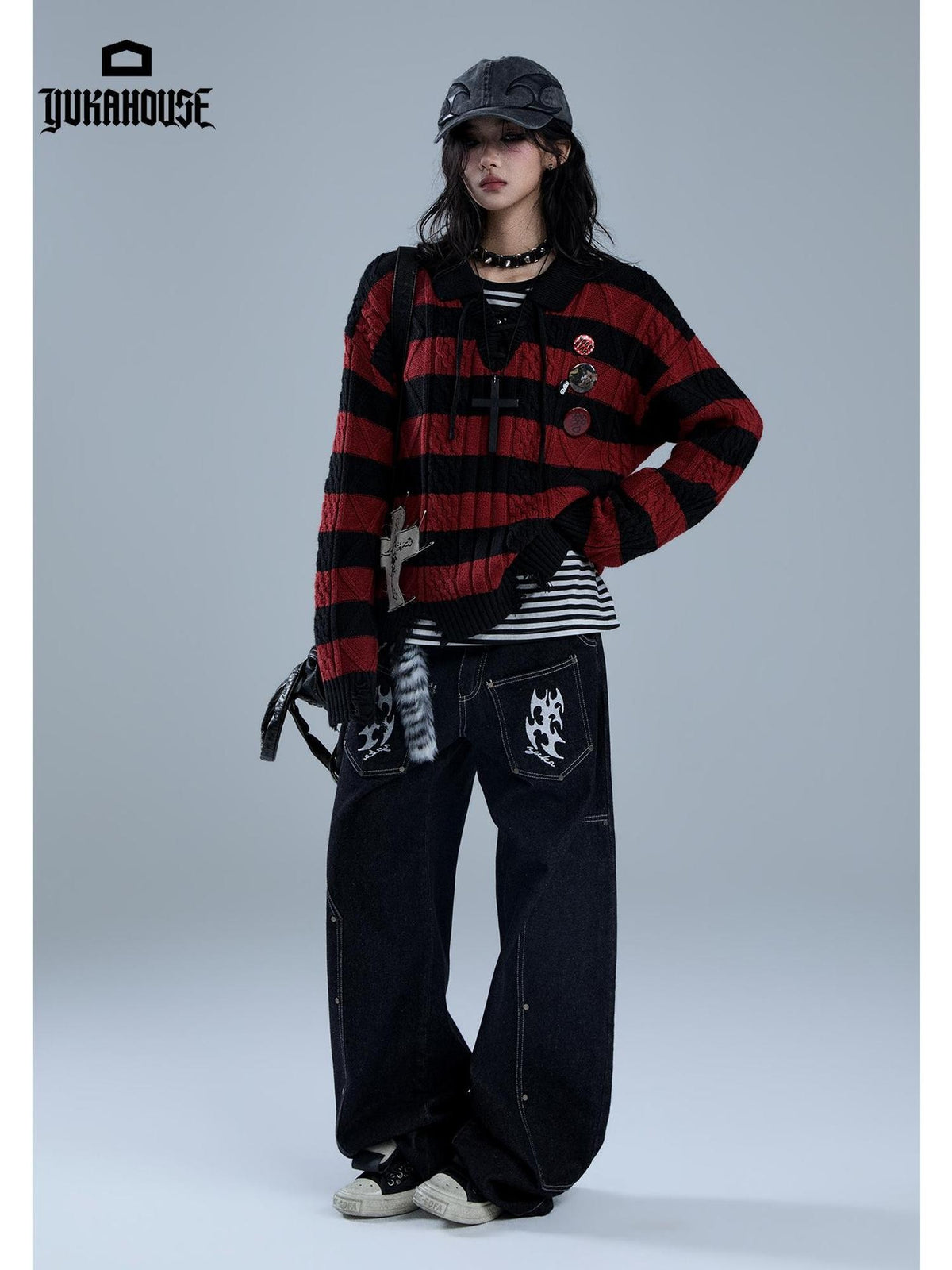 YUKAHOUSE Distressed Striped Drawstring V-neck Women's Cotton Knit Sweaters
