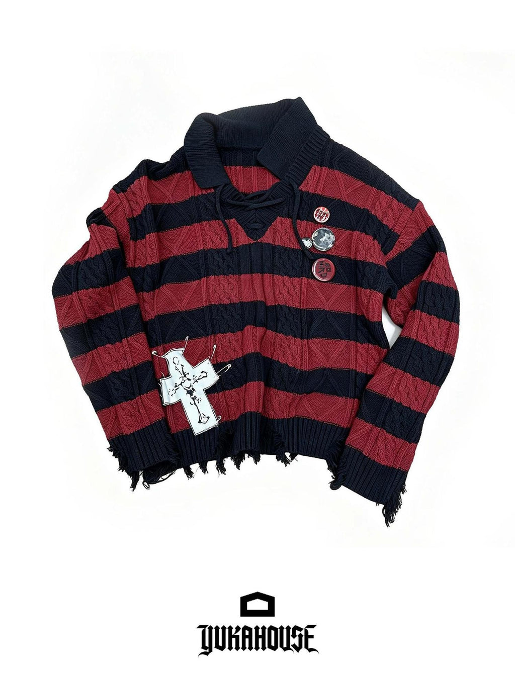 YUKAHOUSE Distressed Striped Drawstring V-neck Women's Cotton Knit Sweaters