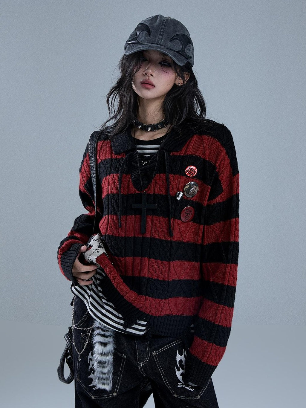 YUKAHOUSE Distressed Striped Drawstring V-neck Women's Cotton Knit Sweaters