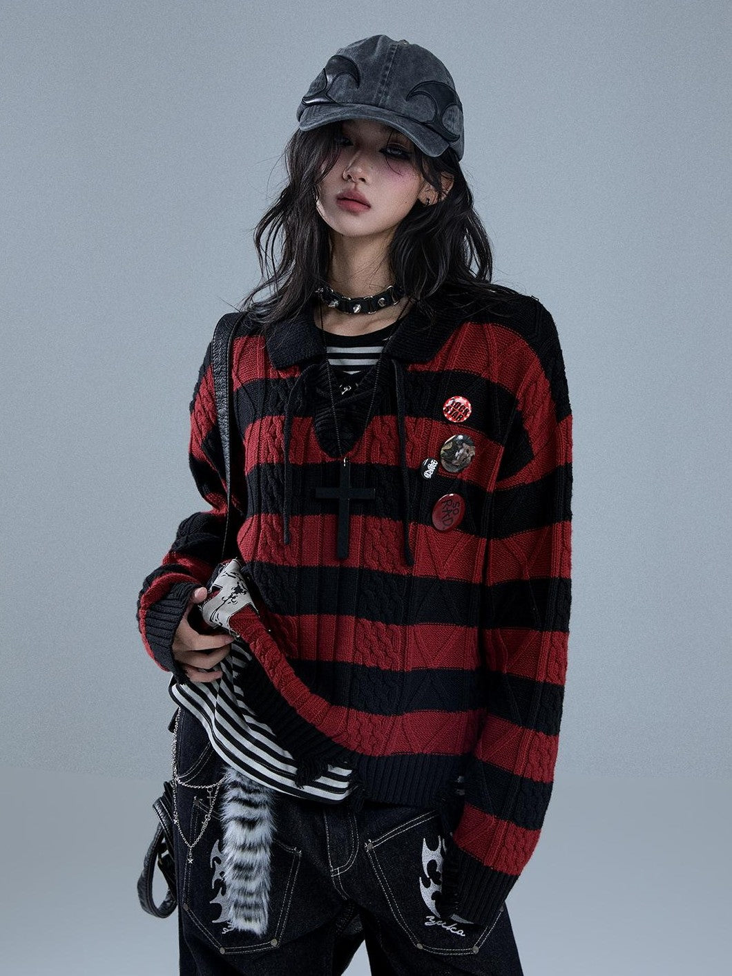 YUKAHOUSE Distressed Striped Drawstring V-neck Women's Cotton Knit Sweaters