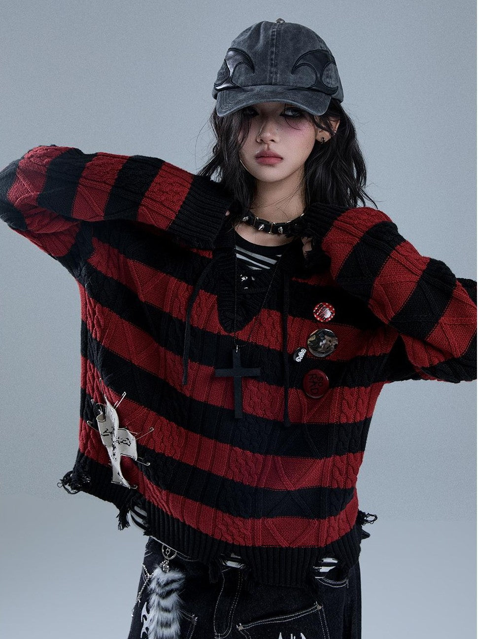 YUKAHOUSE Distressed Striped Drawstring V-neck Women's Cotton Knit Sweaters