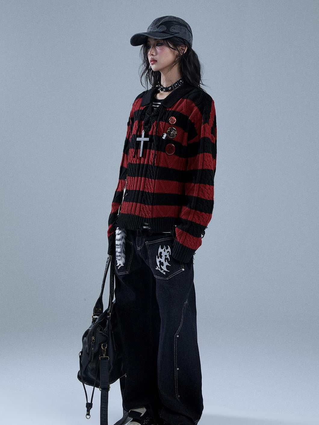 YUKAHOUSE Distressed Striped Drawstring V-neck Women's Cotton Knit Sweaters