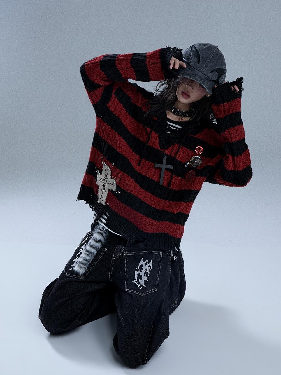 YUKAHOUSE Distressed Striped Drawstring V-neck Women's Cotton Knit Sweaters