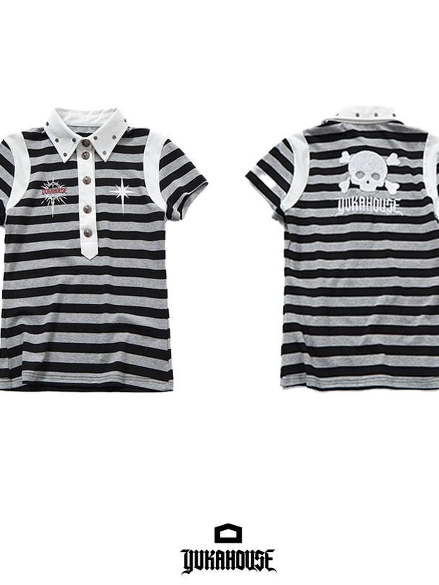 YUKAHOUSE Distressed Studded Striped Punk Henley Women's Cotton Short Sleeve T-shirts