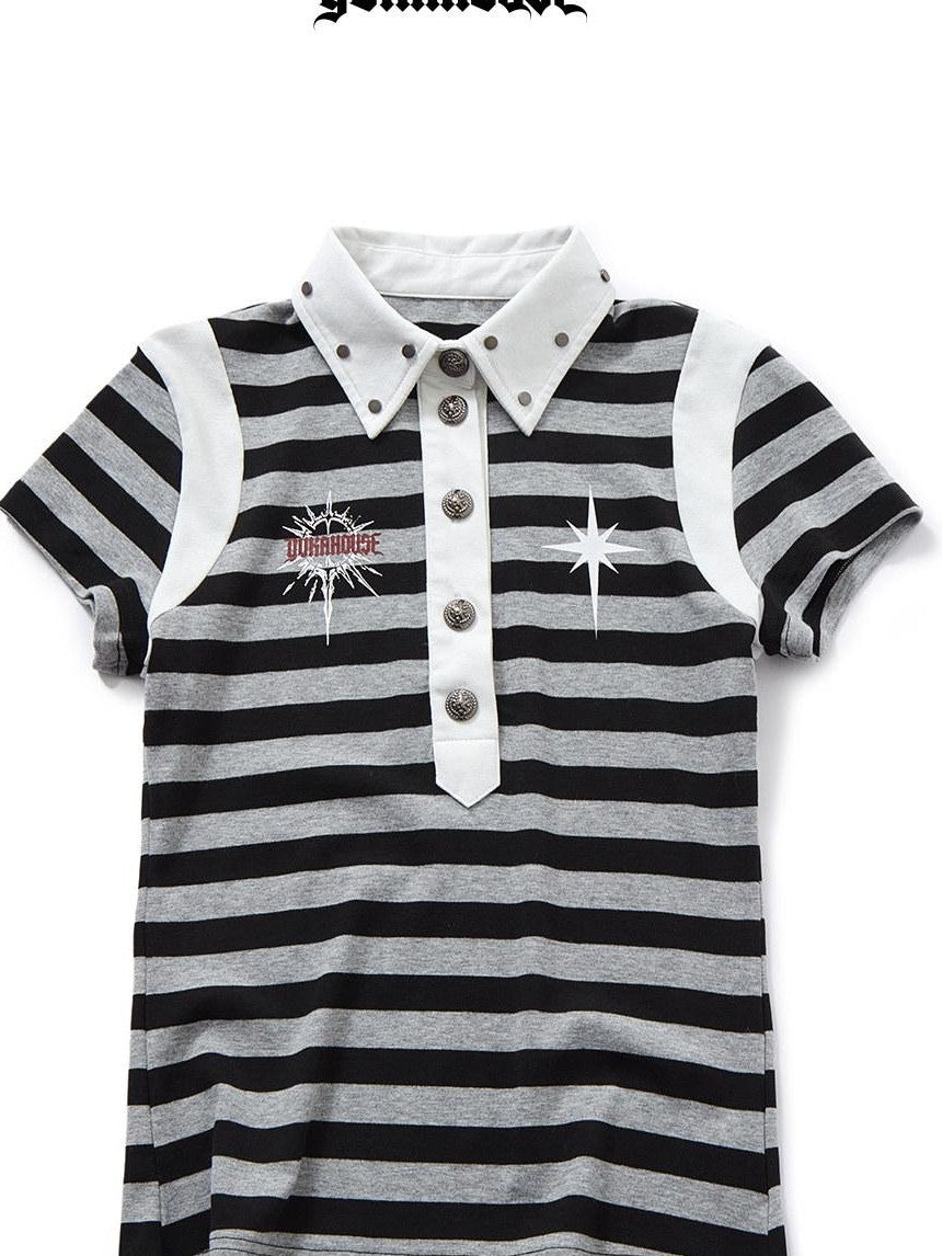 YUKAHOUSE Distressed Studded Striped Punk Henley Women's Cotton Short Sleeve T-shirts