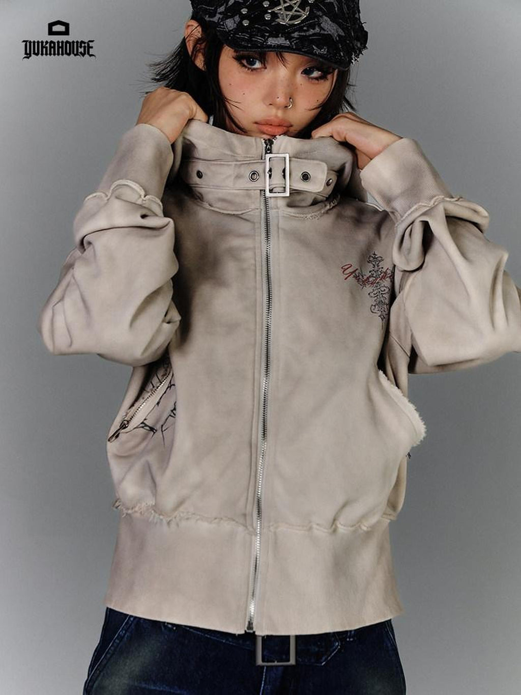 YUKAHOUSE Distressed Washed Zipper Biker Collar Women's Cotton Blend Casual Jackets